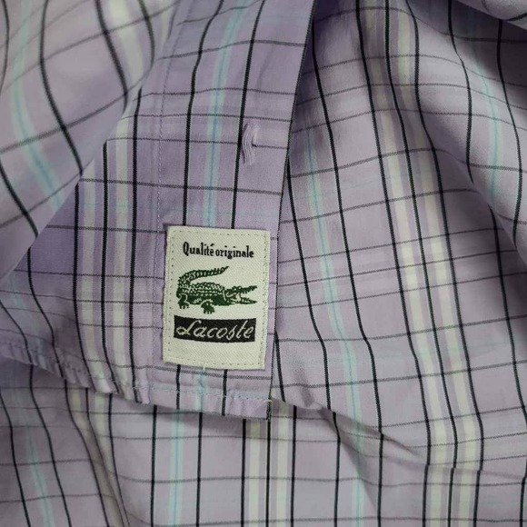 Lacoste Mens Oxford Shirt Purple White Tattersall Long Sleeve 100% Cotton 38 - Picture 6 of 7